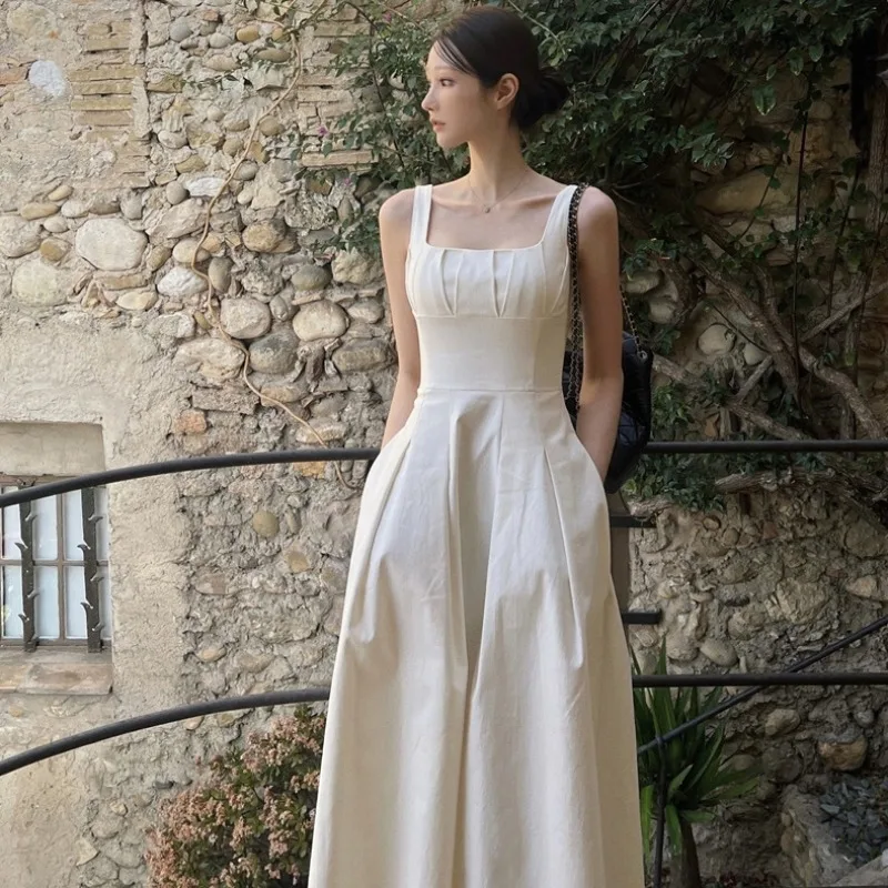 

Chic Vintage Hepburn Women's Vest Dress Elegant Square Collar Pleated Waist Cinched Maxi Vestido Korean Summer Elegant Dress Y2k
