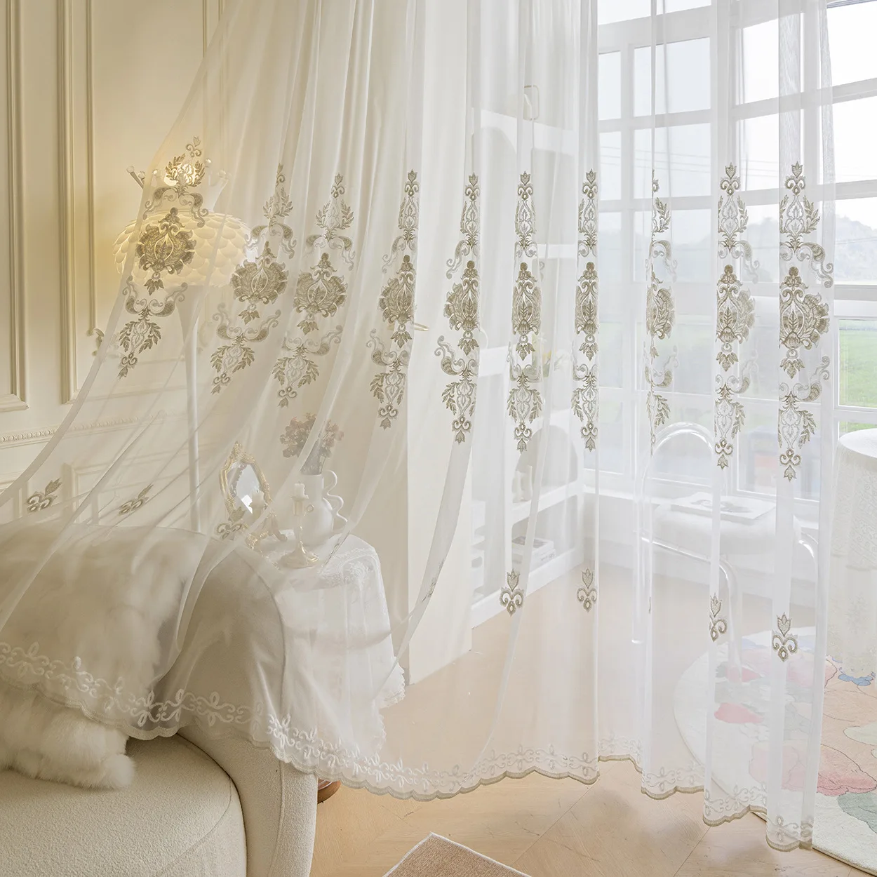 

1PC European Embroidery Transparent Curtain Window Screen Embroidered Retro Balcony Living Room Bedroom Bay Window Tulle Curtain