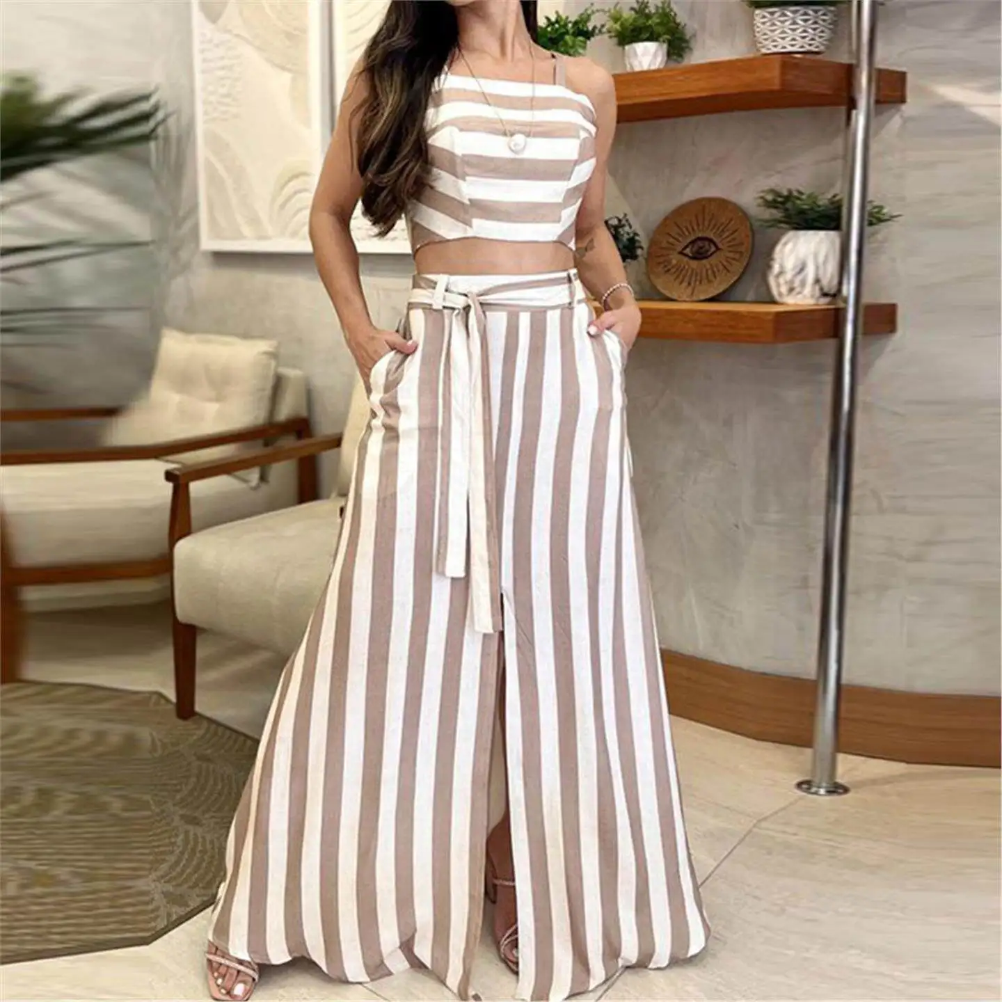 

New Summer 2023 Fashion Stripe Print Anti-Aging Skirt Set Women Elegant Style PVC Material Mid-Low Waist Uniform Pants