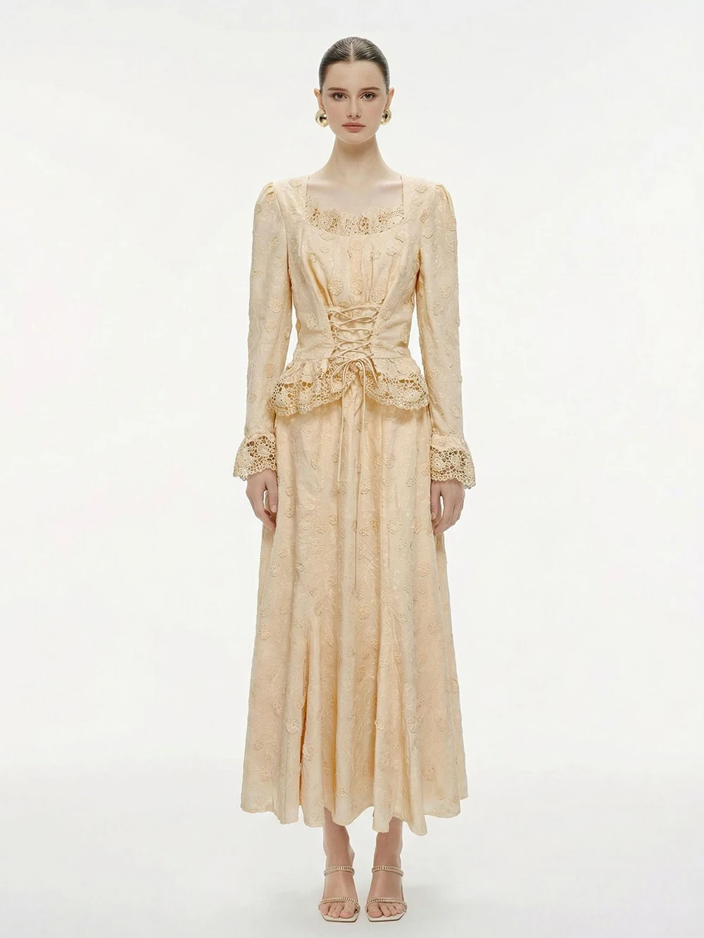 New 2026 Elegant French Retro Lace Up Top Set With Lace Patchwork Embroidery Long Skirt For Women
