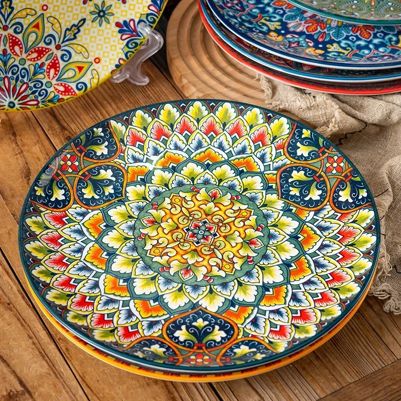 1pc Bohemian Ceramic Shallow Plates 8-10 Inches Steak Western Dining Restaurant Flat Home Use Plate