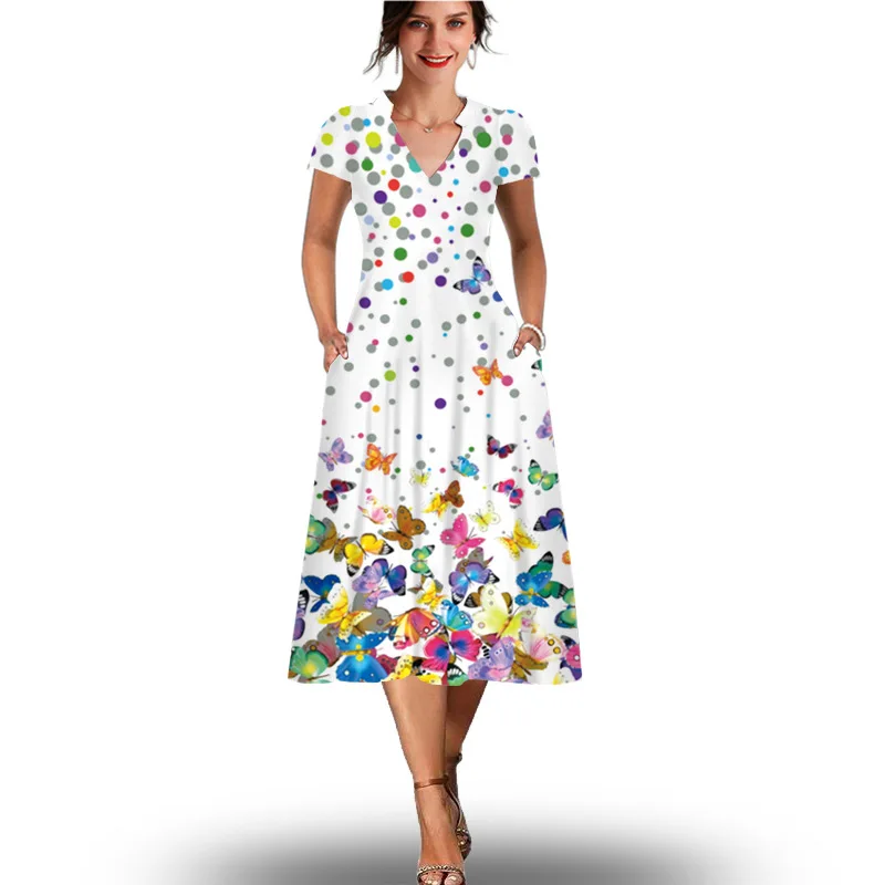 

2023-border new short sleeve casual printedmid-length dress loose casual dress