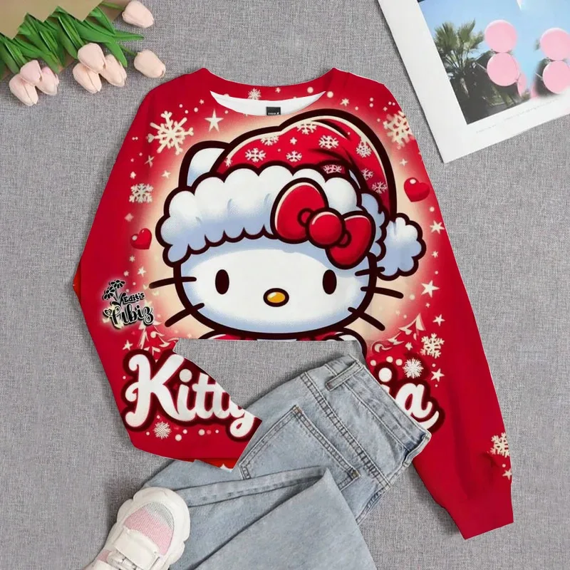 

Casual New christmas Hello Kitty Children's Clothing Stitch Print Girls Short Hoodie Sweater Comfortable and Cute Top
