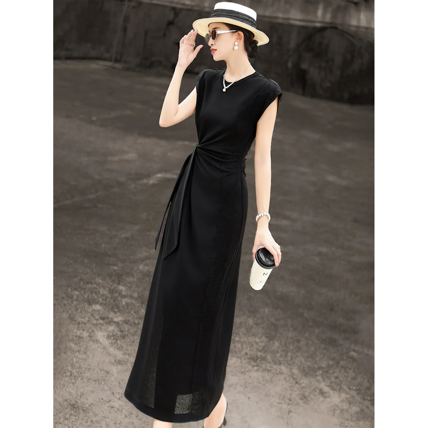 MEXCOCO 2026 New Summer Elegant Round Neck Cap Sleeve Side Lace Panel Tie Wrap Waist High Slit Slim Maxi Dress