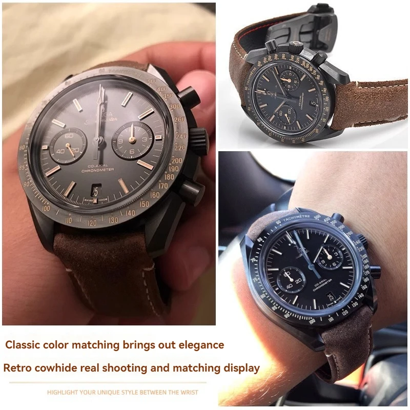 حزام ساعة جلد عتيق 21 ملم لساعة أوميغا سبيدماستر الجانب الداكن من القمر 311 - حزام جلد العجل الناعم للرجال، بني/أسود