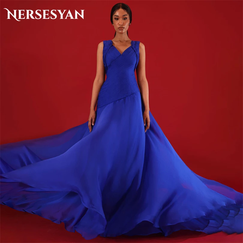 

Nersesyan Elegant Royal Blue Chiffon Party Dresses Sleeveless Pleats Formal Evening Gowns Long A Line Graduation Prom Gown 2023