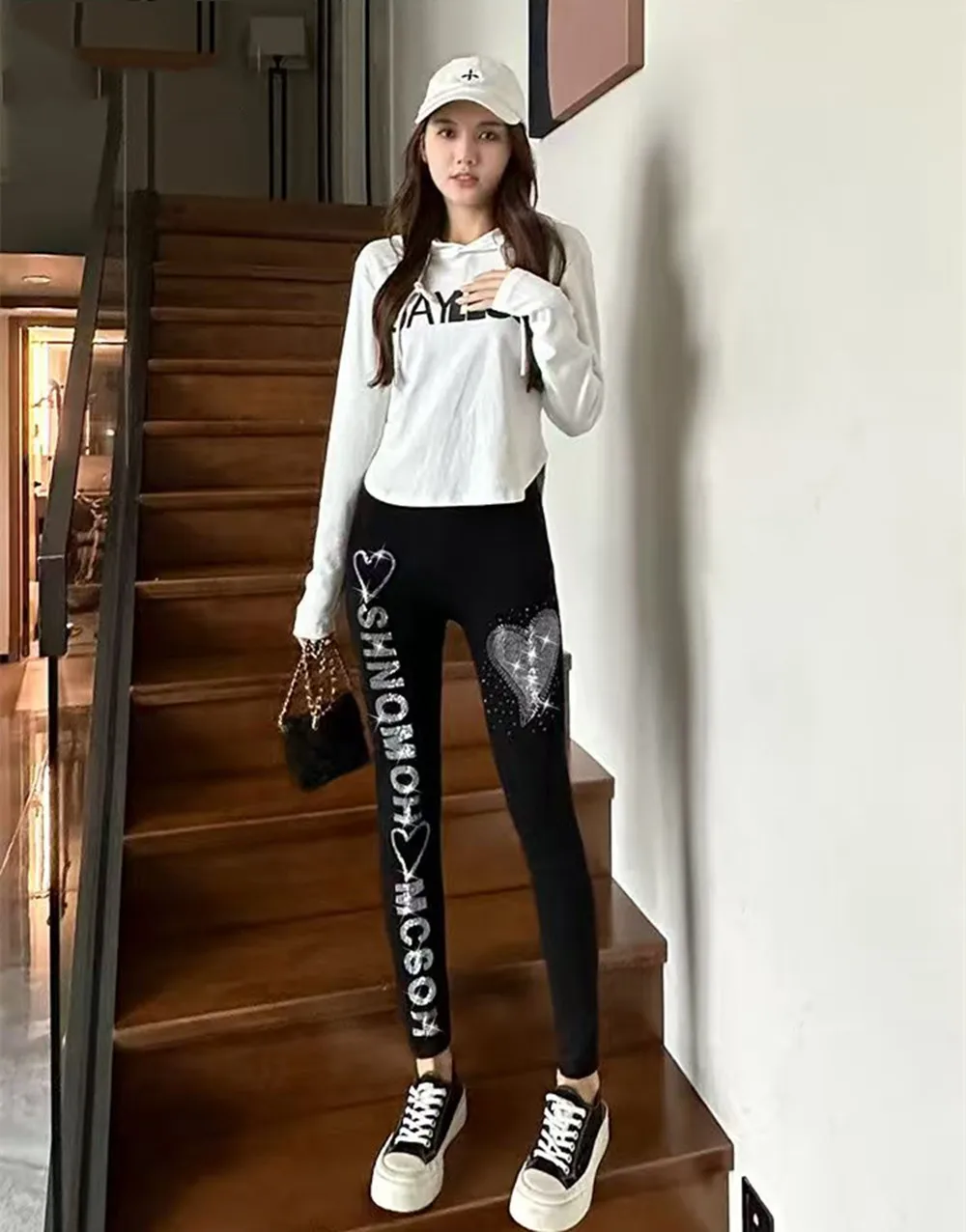 Women‘s Modal Cotton Rhinestone Leggings High Waist Tummy Control Yoga Pants 9/8 Length Tights High Elastic Sport Workout