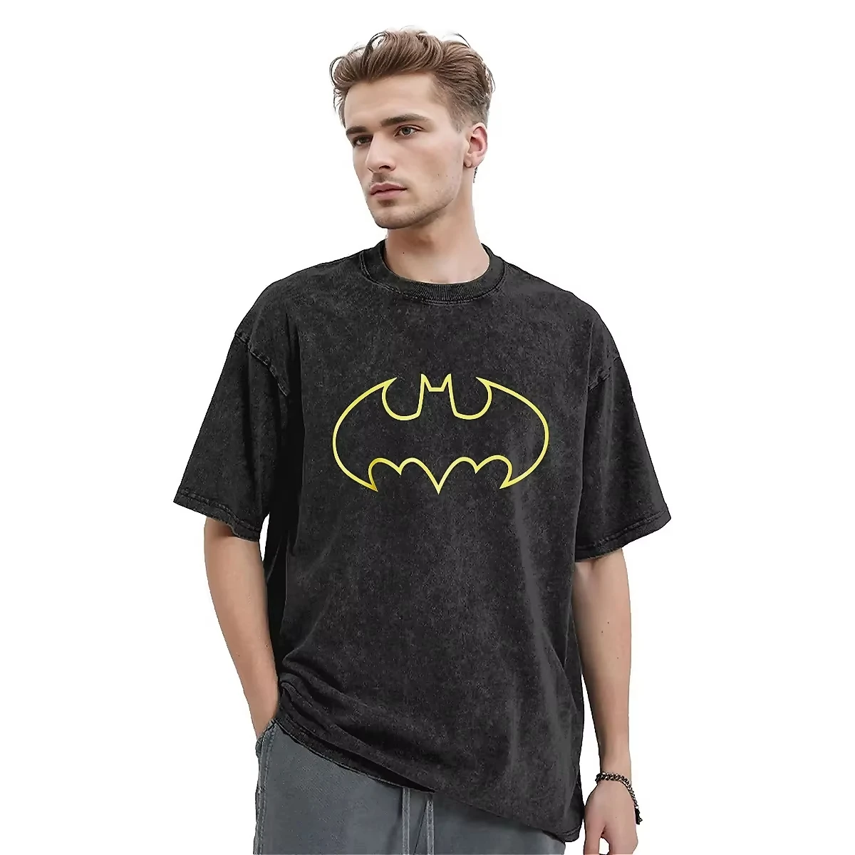 Streetwear Washed T-Shirt Bat Logo Casual T-Shirts Popular Desgin Hippie Tshirt for Unisex Beach Y2K Fun Design Clothing