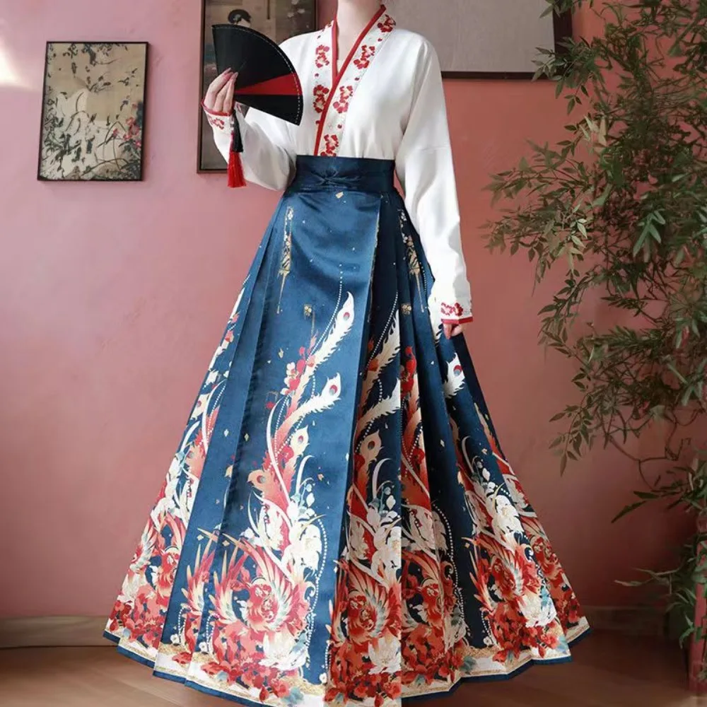 Винтажная юбка Hanfu с изображением лошади, Модный женский костюм из 2 предметов, рубашка, юбка со складками, белый, красный, черный, Mamianqun