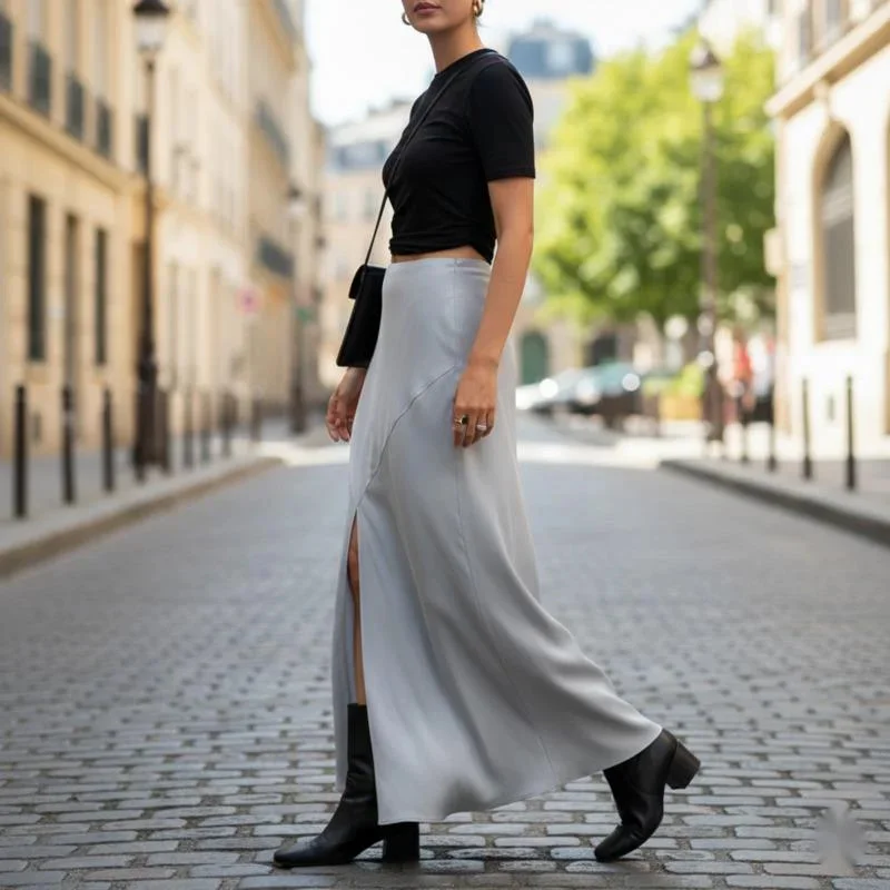 

Elegant Satin Long Skirt Women High Waist A Line Silhouette With Subtle Slit Spring Maxi Skirt For Commute Street Style Wear New