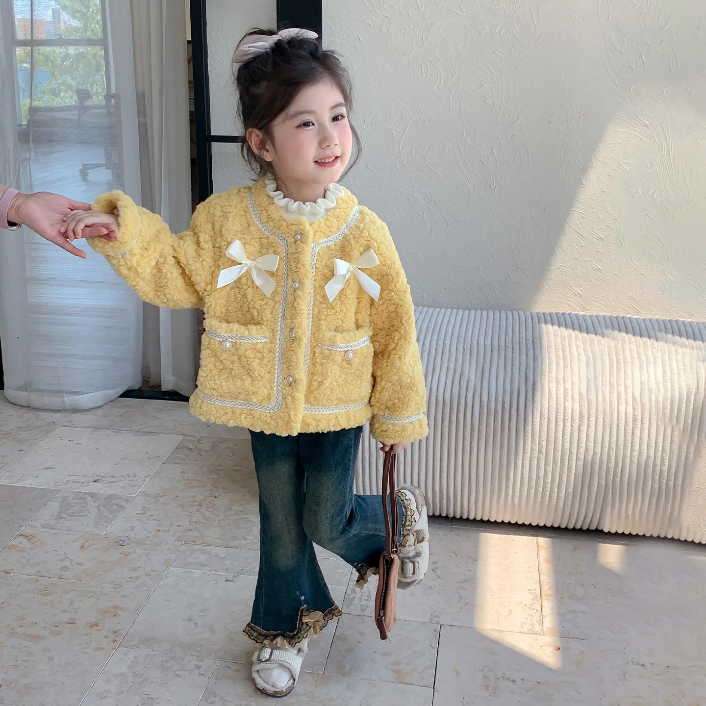 Autumn Winter Children Girl Woolen Coat Bow Round Collar Toddler Kids Girls Jackets Yellow Thick Warm Little Baby Girl Outerwear