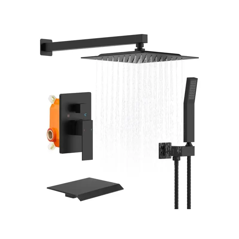 

Rain Shower System Matte Black Tub Shower Faucet Set 10 Inch Square Rainfall Shower Head with Handheld Sprayer and Waterfall
