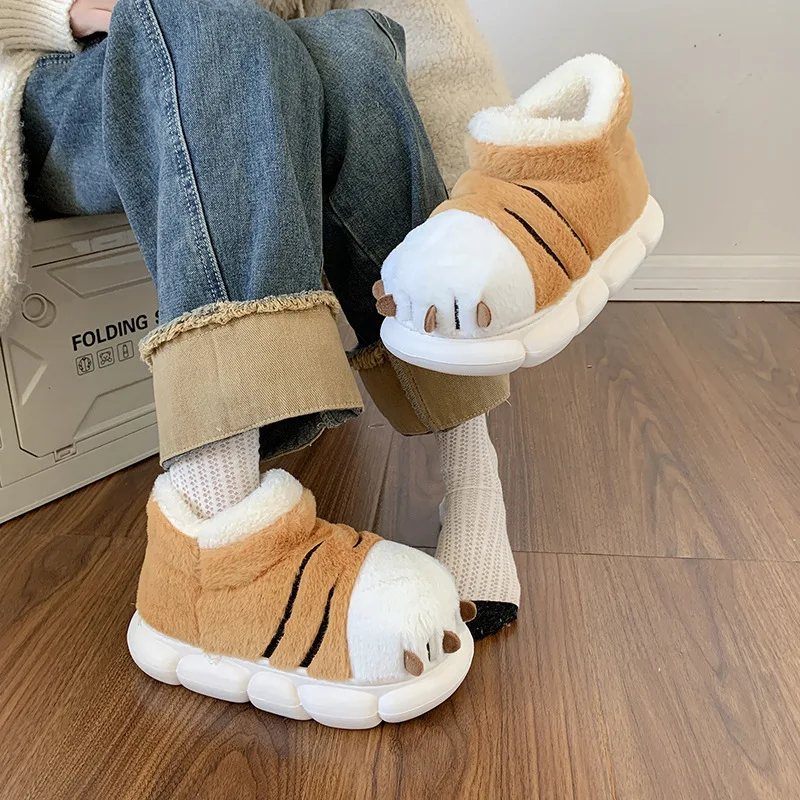 Cartoon Tiger Paw Slipper Women Winter Indoor Warm Fur Shoes Slides Cute Animals Plush Platform Design Claw Ladies Home Slippers