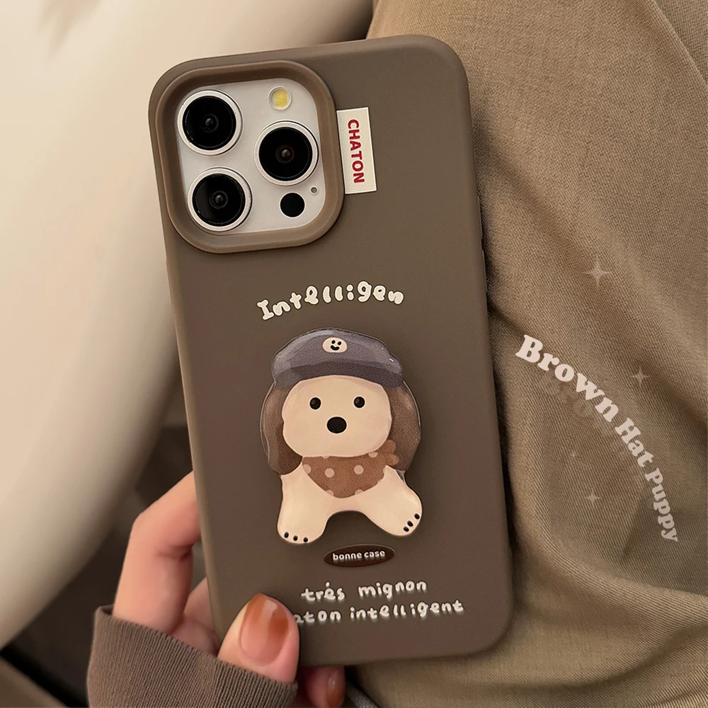 Funda de silicona retro para iPhone 16, 15, 14, 13, 12 Pro Max, con bonito cachorro y accesorios de soporte, carcasa trasera