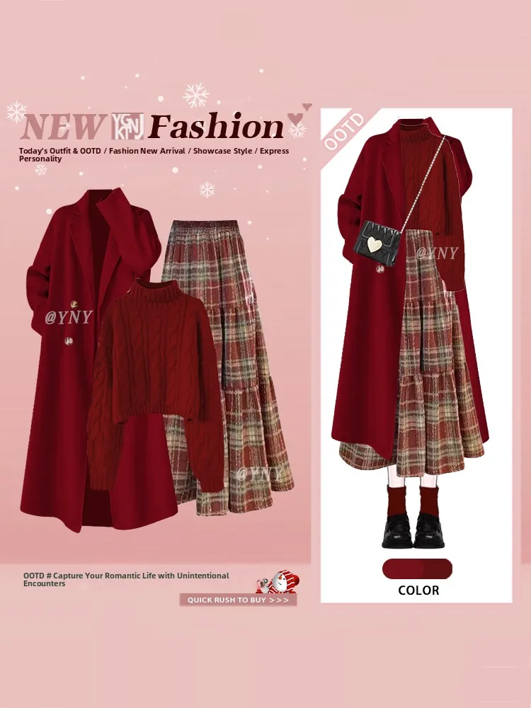 

Red Cisas New Year Knitted High Collar Sweater Skirt Set Ele Casual Sle Long Sve Autumn Winter Spring Wear