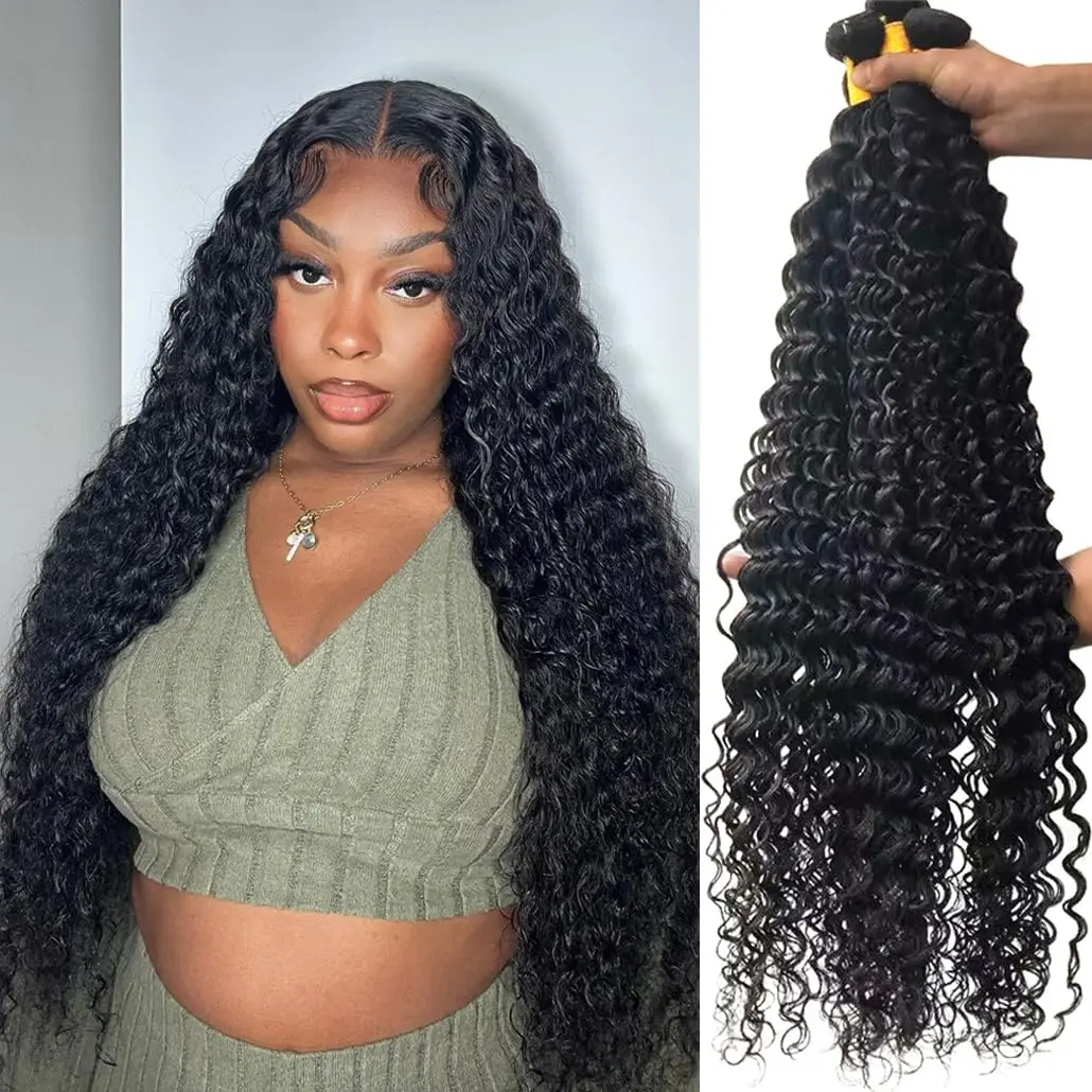 Alimice Deep Wave Human Hair Bundles 20 Inch Wavy Human Hair Weave Bundles 100% Unprocessed Deep Curly Bundles