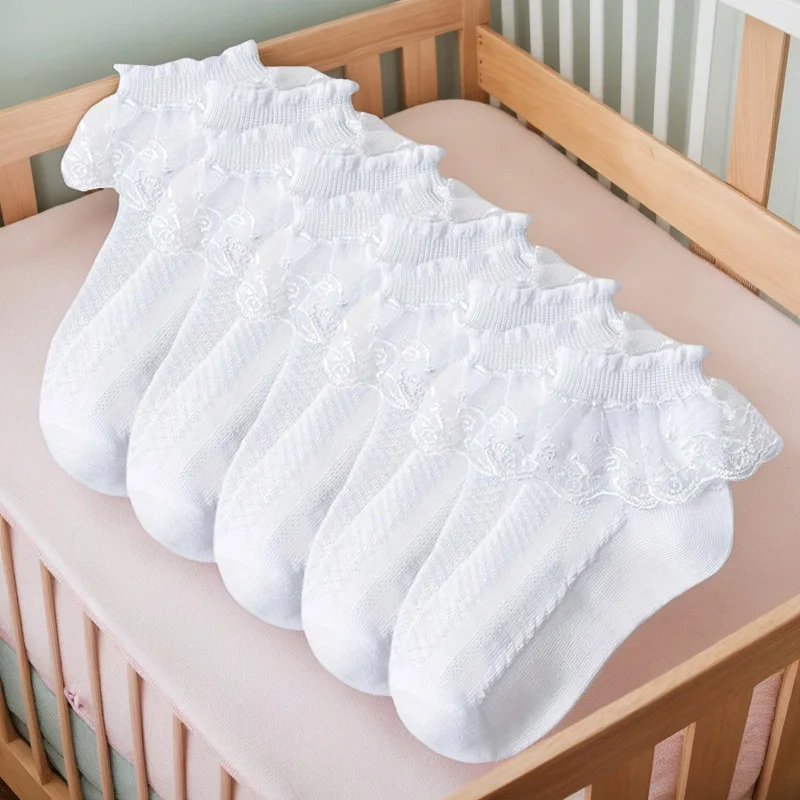 5 Pairs Girls Lace Ruffle Socks Cotton Breathable Comfy Adorable Princess-Style Kids Dance-Ready Socks with Frilly Trim image 3