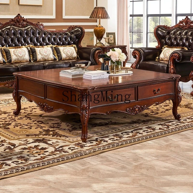 

FG solid wood square coffee table living room retro four tea table villa large apartment