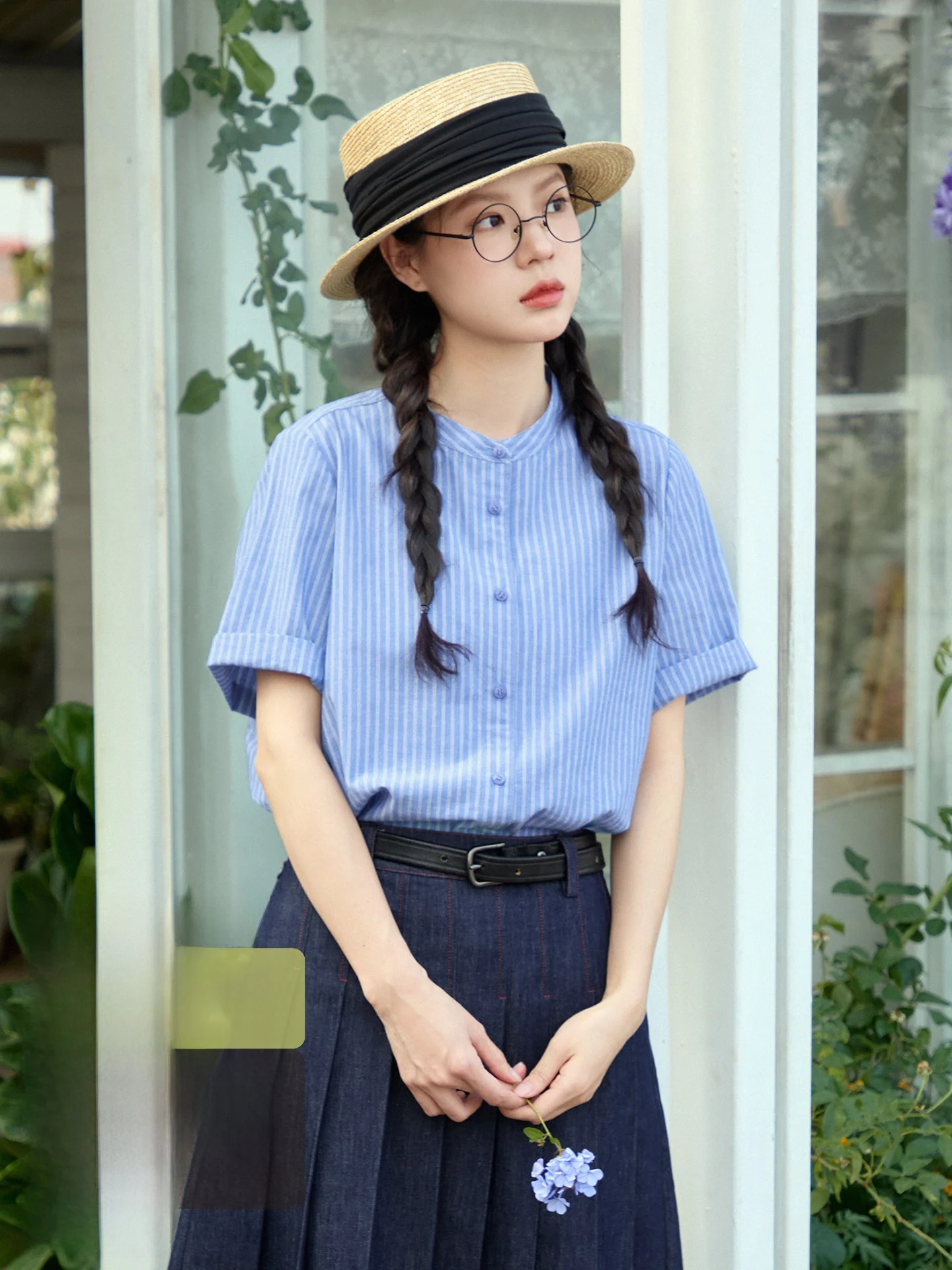 

Casual Cotton Linen Stripe Shirt Women's Summer Short Sleeve Stand Collar Blue White Checkered Breathable Loose Fit Top