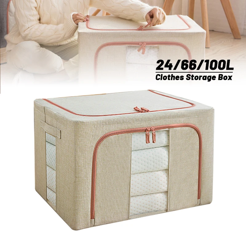 

24/66/100L Storage Box Steel Frame Foldable Oxford Cloth Storage Box with Lid Cosmetics Quilt Book Toy Clothes Storage Organizer