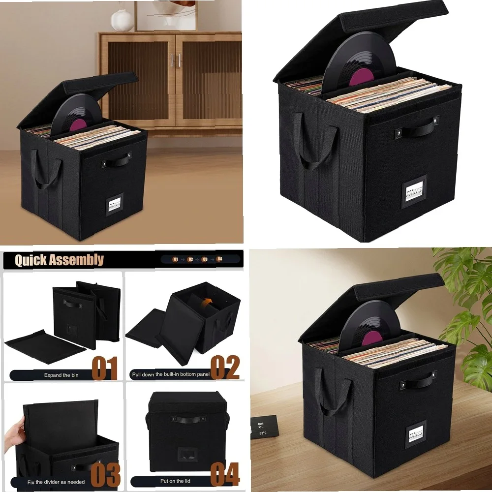 Vinyl Record Storage Box for LP Albums 13 Inch Linen Fabric Case with Sturdy Cardboard Base and Modular Design