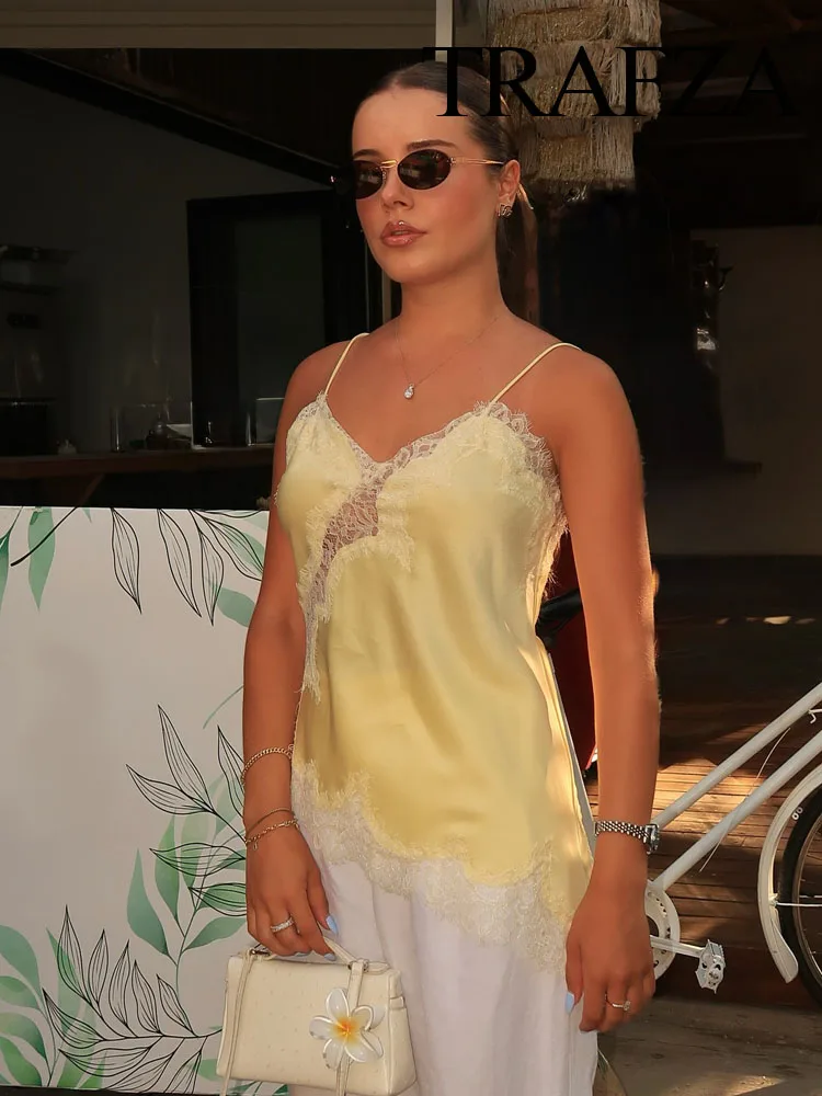 

TRAZFA Woman Sexy V-neck Sleeveless Backless Hollow Asymmetrical Hem Sling Top Women Summer Slim Top Lace Spliced Suspender Tops
