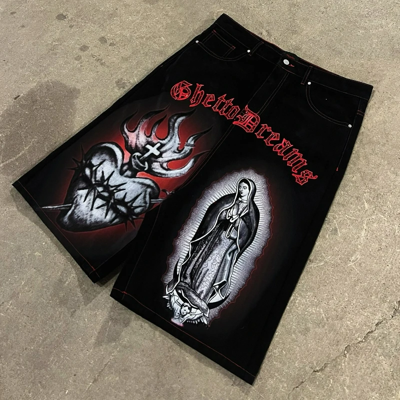 

Y2k Sacred Mary Denim Shorts High Street Embroidery with Diamond Baggy Jeans Hip Hop Retro New Streetwear Unisex Casual Shorts