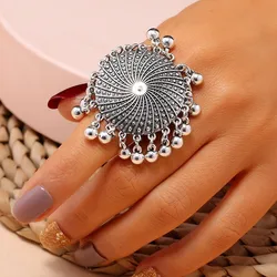 Ethnic Boho Silver Color Round Rings New Vintage Carved Beads Pendant Tassel Geometric Party Jewelry Gifts for Women