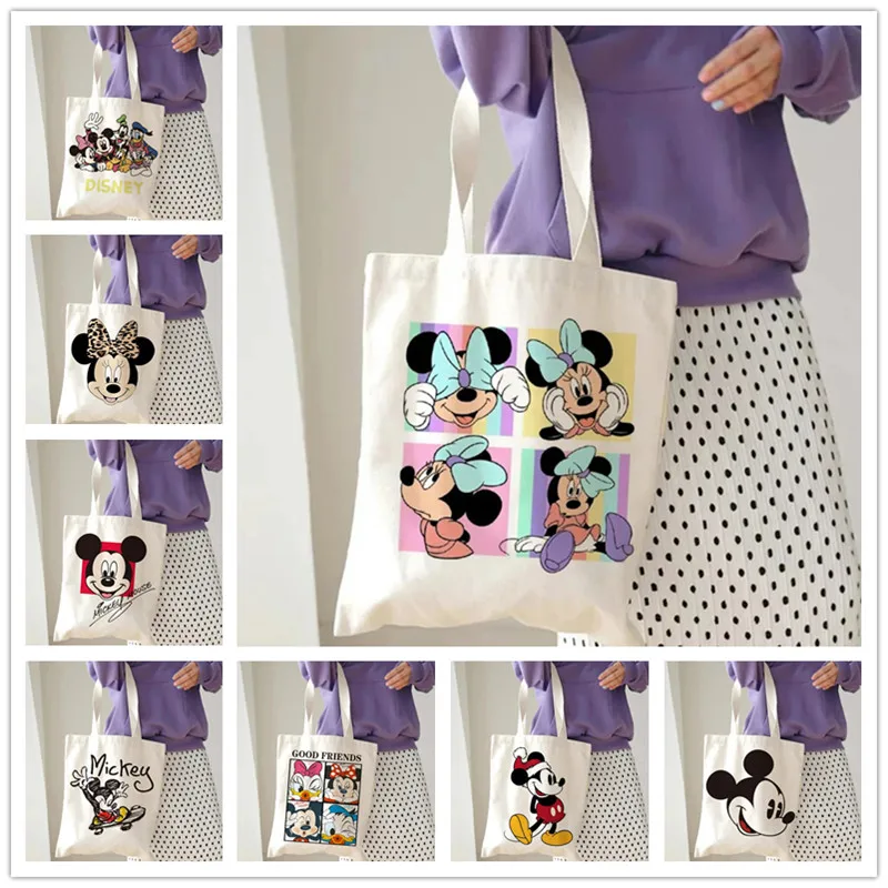 Disney Minnie Mickey Mouse Women Canvas Shoulder Bag Harajuku Female Tote Bags Large Capacity Shopping Handbag Eco Girl Handbags