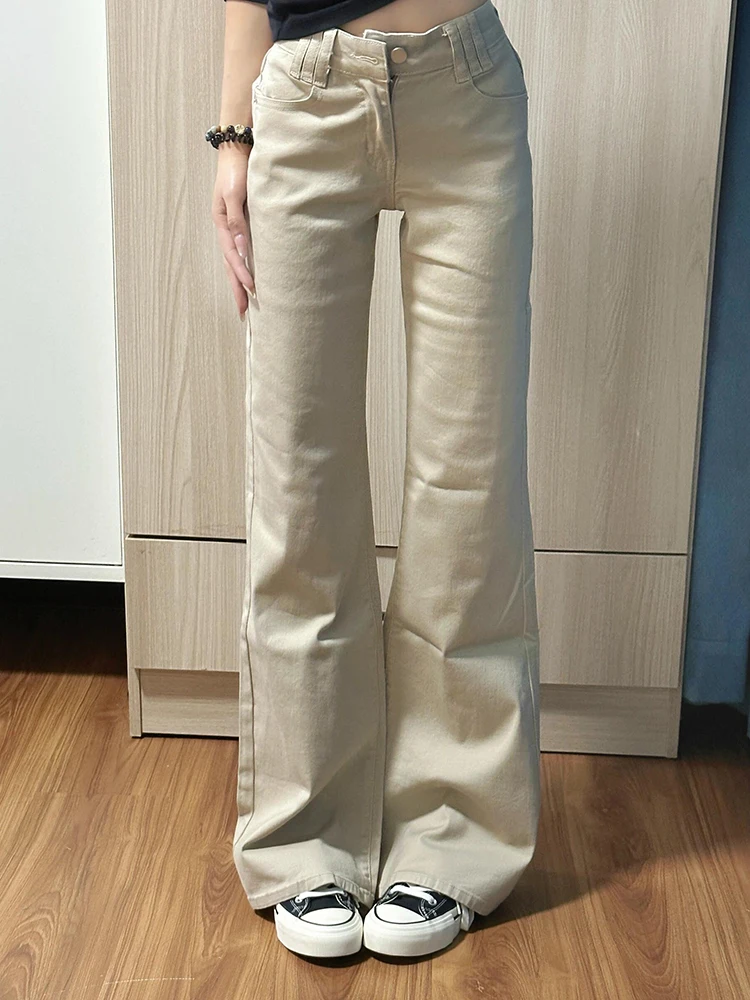 

Ретро джинсы в стиле BF, цвета хаки, с эффектом потертости, слегка расклешенные, женские, летние, новые, облегающие, с высокой талией, прямые джинсы-клеш