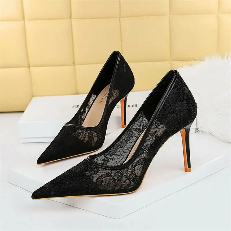 Summer Wine Red Lace Flower Women Pumps Shallow Mouth Mesh Hollow High Heel Party Single Shoes Stilettos Pointed Toe Pumps