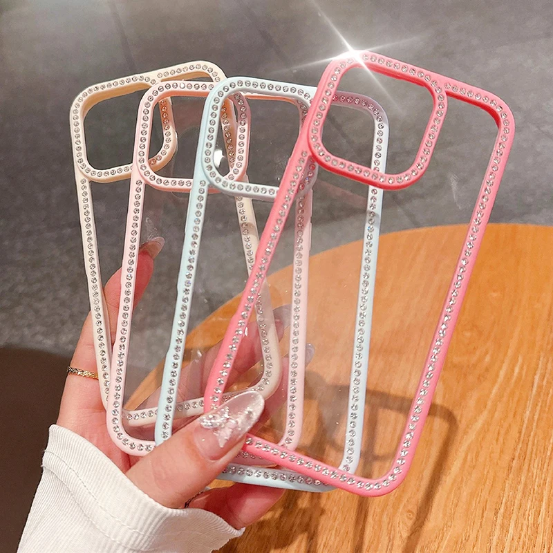 حافظة فاخرة مرصعة بالجواهر لهاتف آيفون إير 17 16 15 14 13 12 برو ماكس بلس فتاة موضة لون الحلوى غطاء صلب هجين شفاف ناعم