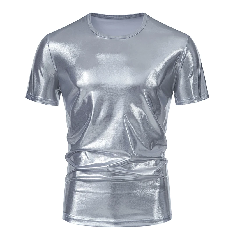 Summer Men\'s Shiny Metallic T Shirt Fashion Gold Stage Costume Short Sleeve Top Tees Disco Party NightClub T-Shirts