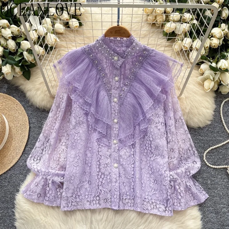 

OCEANLOVE Lace Shirts&blouses Women Tops Ruffles Solid Beading Spring Autumn Blusas Mujer Korean Fashion Retro Camisas