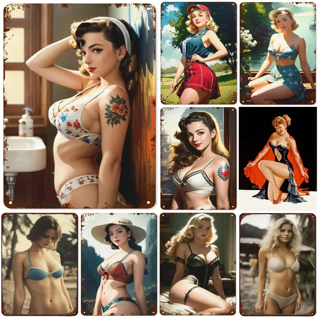 Vintage Metall Blechschild Pinup Girl Wanddekoration Retro Man Cave Garage Bar Poster