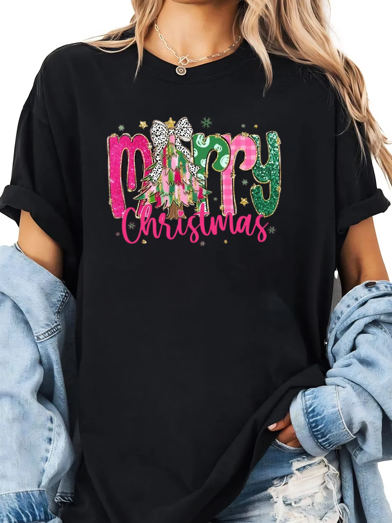 Merry Christmas Tree Print T-Shirt Holiday Casual Women's Top Party Wear Black Plus-size