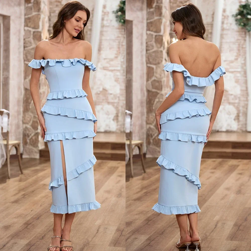 

Classic Jersey Pleat A-line Off-the-shoulder Midi Dresses Prom Dresses Exquisite Modern Style Pastrol Unisex Chinese Style