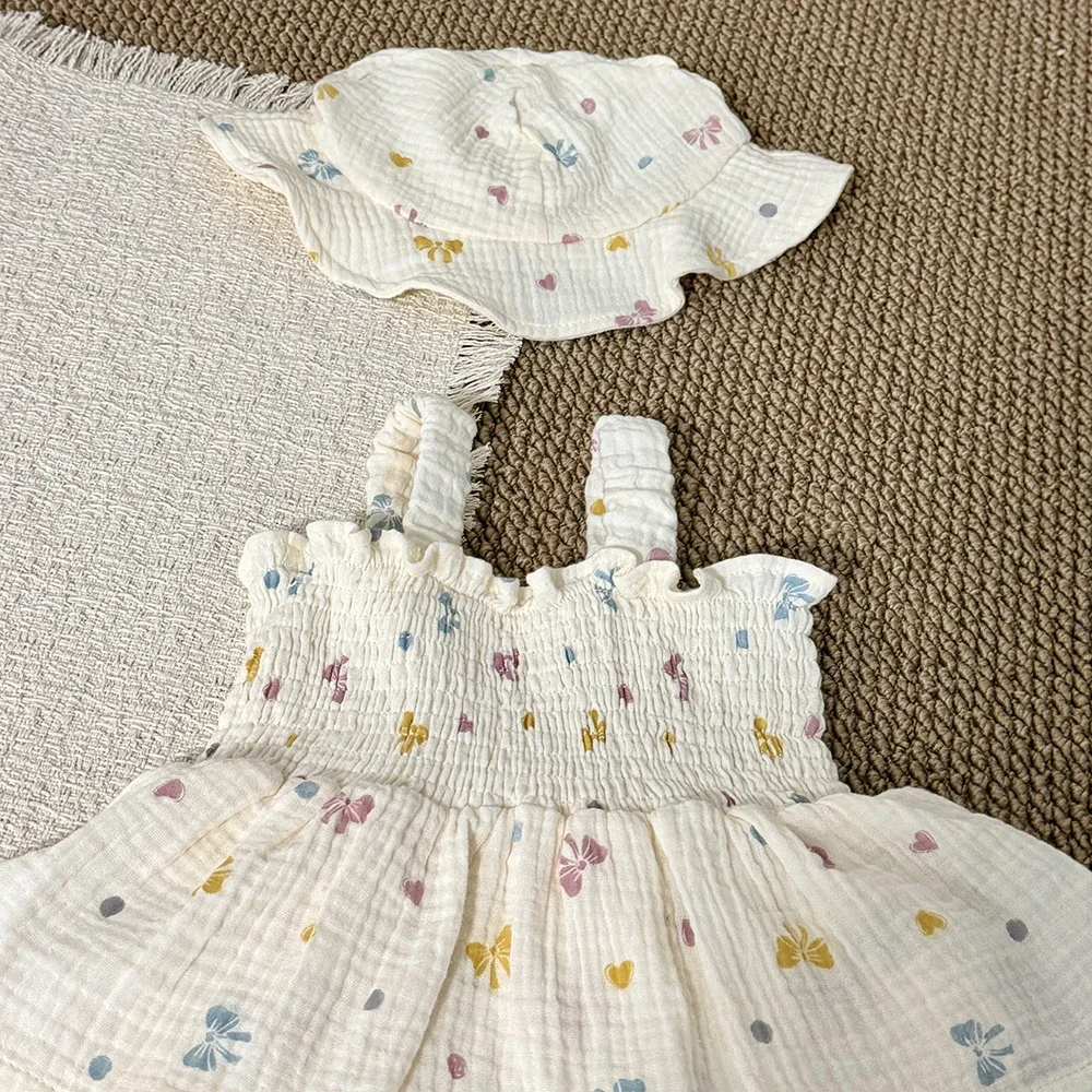 0-24 M Baby Girls Camisole Bodysuit Ruffle Style Cotton Toddler Girls One Piece Infant Outfit With Hat Sweet Full Of Bow Print