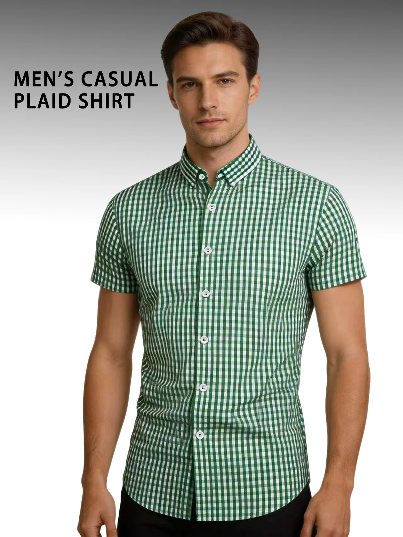 MEN'S GREEN AND WHITE CHECKERED SHORT SLEEVED SHIRT, CASUAL COMMUTING COLLAR BUTTON UP SHORT SLEEVED SHIRT