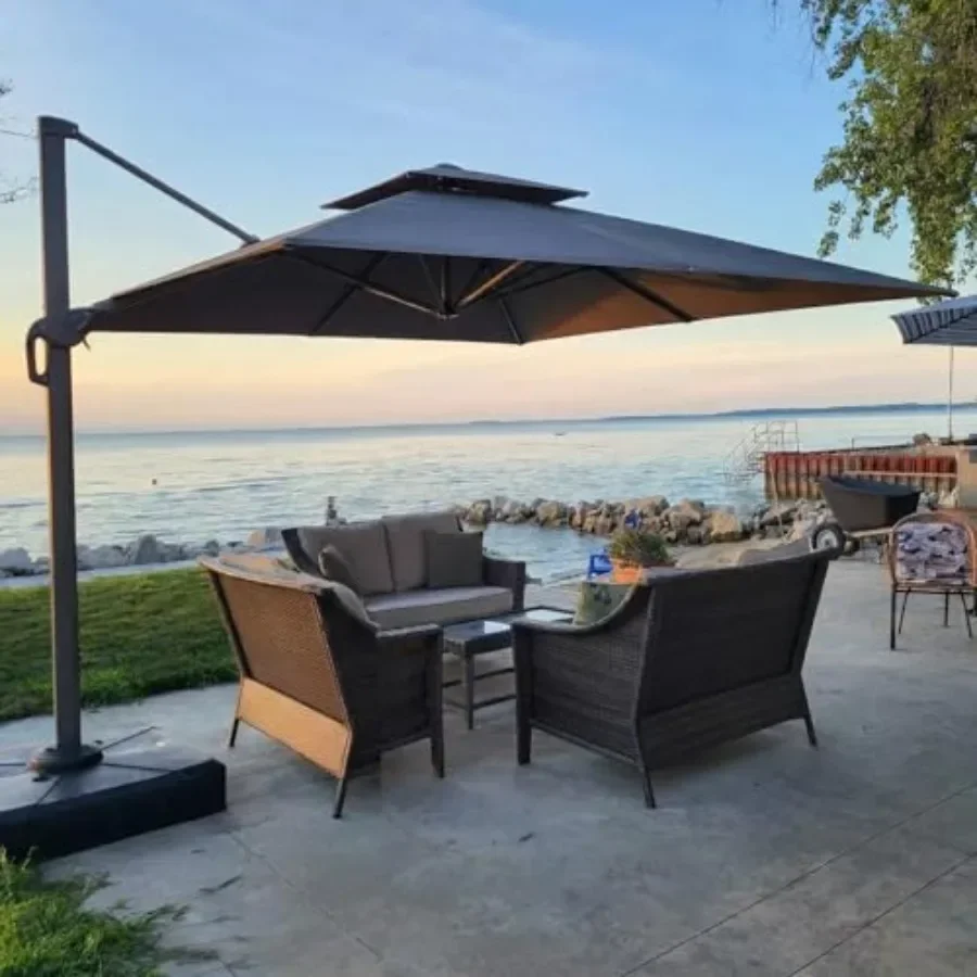 Outdoor Patio Umbrella Cantilever Umbrella for Patio, Heavy Duty Offset Umbrella with Steel Frame, Beige Fabric, 360 Rotation D