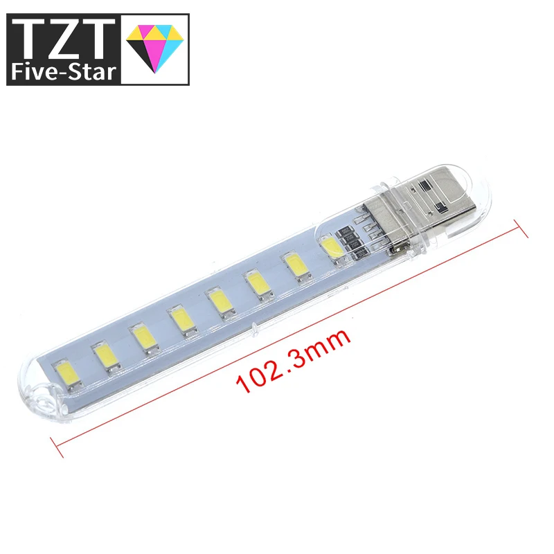 TZT Mini Protable USB Night light 8leds 5730 SMD Book lights 5V For PC Laptops Computer Mobile Power Camping lamp  white color