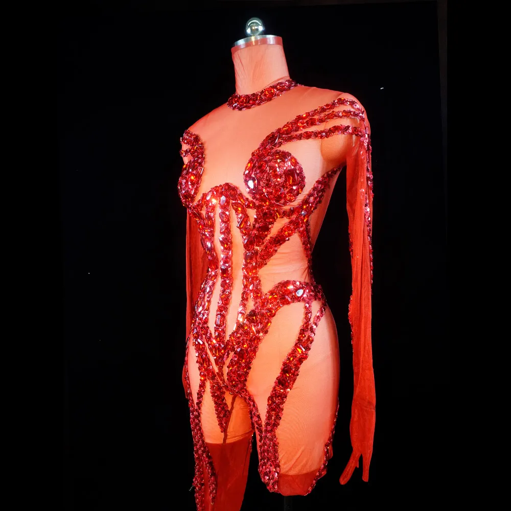 

Red mesh see-through jumpsuit rhinestone costume pole dancing Halloween Singer Stage show drag queen outfits custom Nightclub