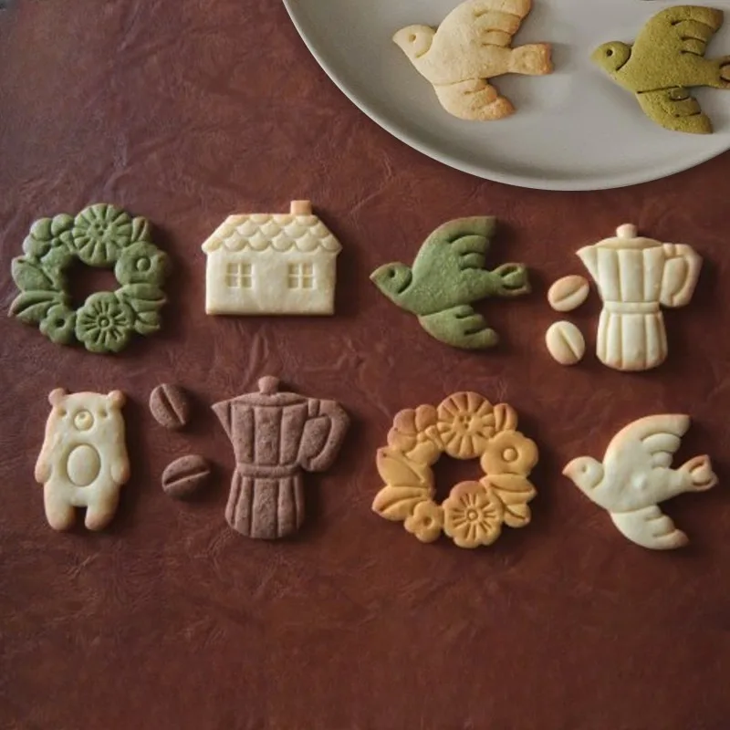 

Spring Style Cookie Cutter and Stamps Dove/wreath/bear/villa/coffee Shaped Fondant Biscuit Embossing Mold Baking Supplies Gifts