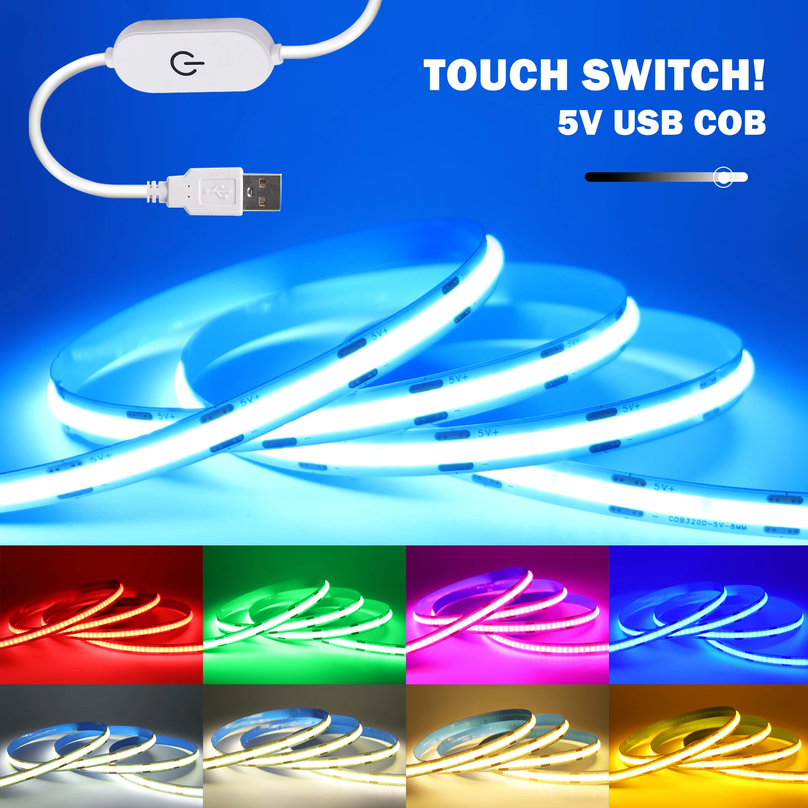 USB 5V COB LED Strip Light with Touch Sensor Dimmable Lamp Tape 320LEDs/m DIY TV Mirror Backlight White Red Green Ice Blue Pink