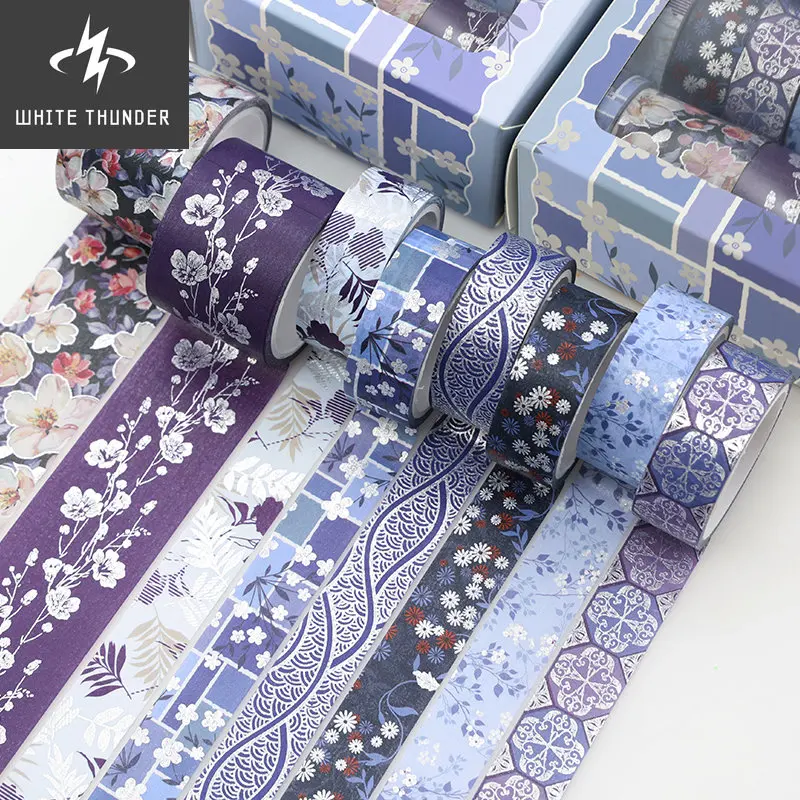 

9 Pcs/Box Vintage Flower Washi Tape Silver Foil Masking Tape Blue Decorative Adhesive Tape DIY Diary Scrapbooking Stationery