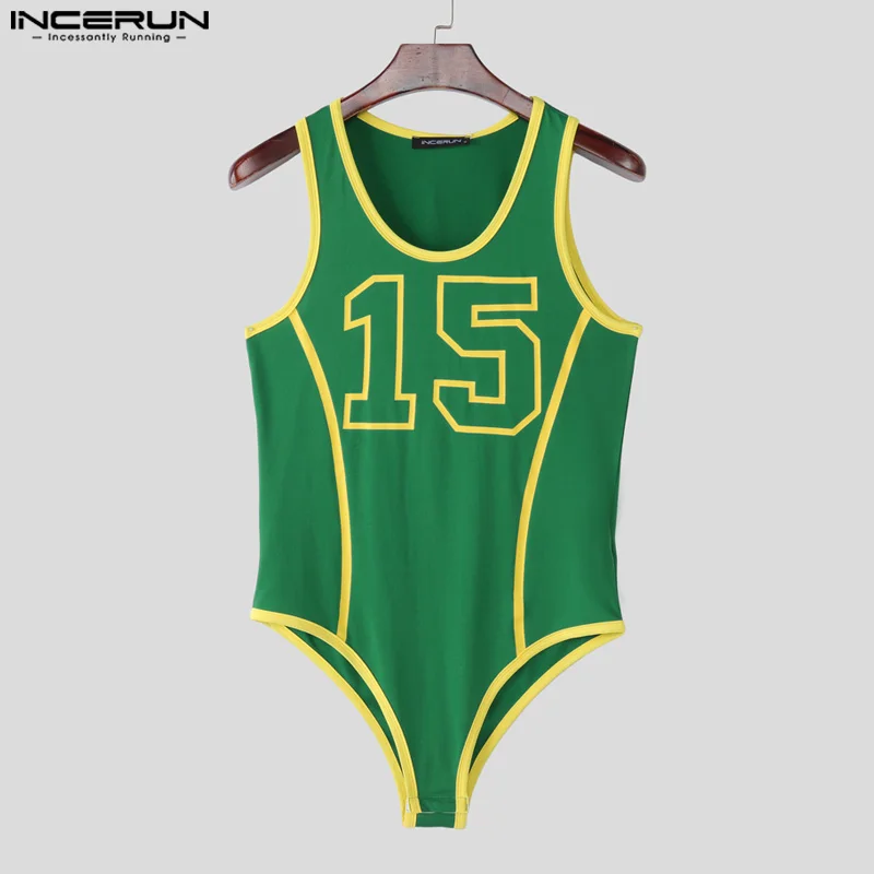 INCERUN, monos para hombre con estampado de retazos, cuello redondo, sin mangas, entrenamiento, peleles elásticos para hombre, monos informales de moda 2025