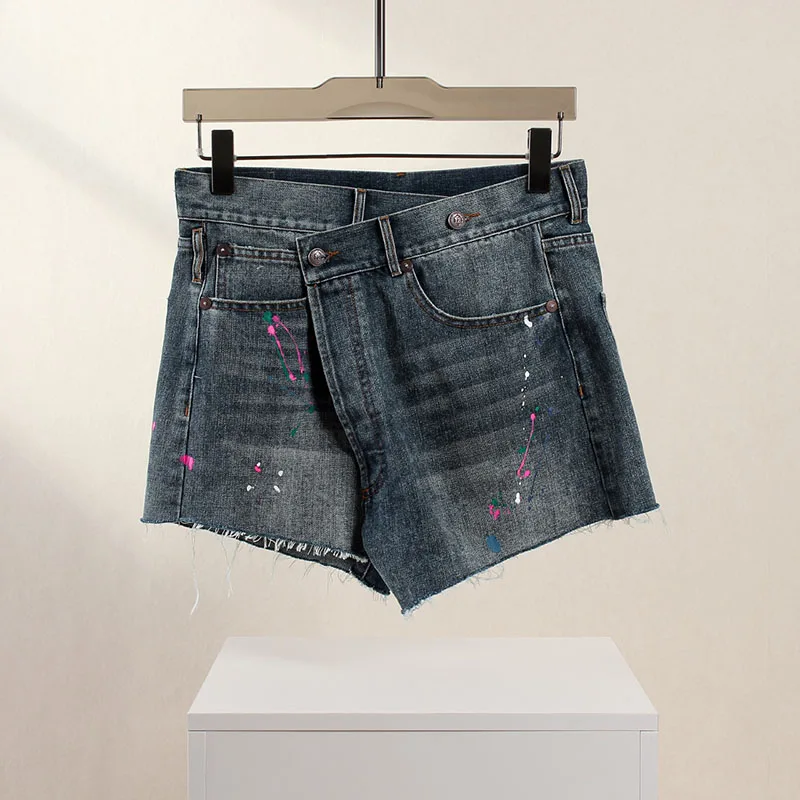 pants y2k spring and summer ink dot graffiti do old burlap asymmetric Denim shorts2024korean fashion high waist casual shorts