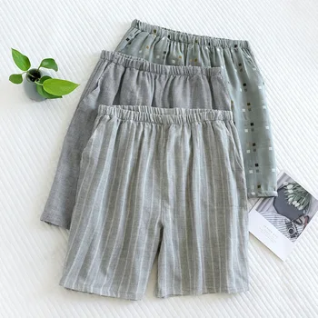 Neue sommer männer pyjamas 100% baumwolle gaze shorts Japanische karierten strand hosen große größe lässig fünf punkte hause hosen pyjama
