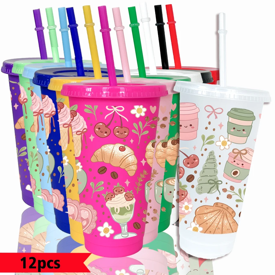 12pcs/pack Cherry Croissant Ice Cream Pattern 26oz Colored Plastic Party Cold Drink Cup for Back-to-school Birthday Gift
