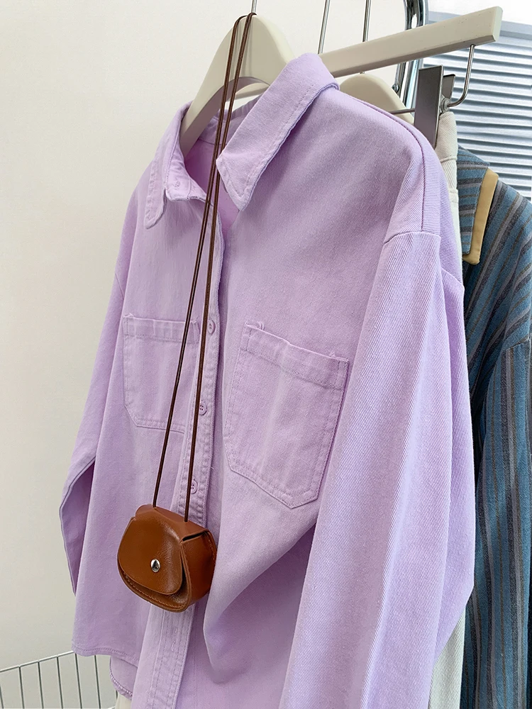 Purple Denim Shirt Coat Women 2024 Autumn New Design Sense Niche Solid Color Shirt Fashion Versatile Loose Jacket